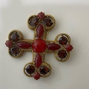 Capri Gold Plated Ruby Rhinestone Cross Brooch Pin
